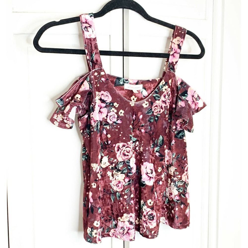 Self Esteem Juniors Top Sz S Strap Cold Shoulder Burgundy Floral Velvet - Picture 3 of 8